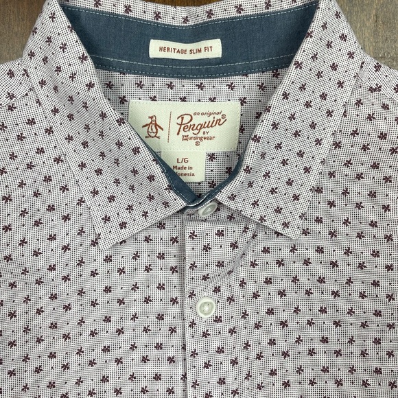 Mens long sleeve button down in plum and cream by Penguin. Slim Fit size large. - Picture 3 of 7